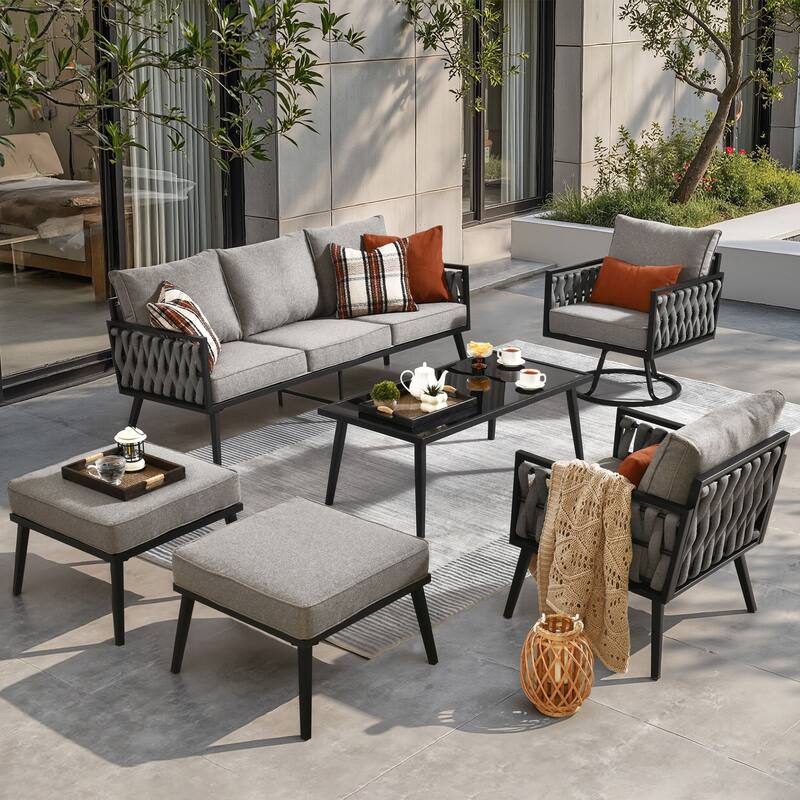 HOOOWOOO 6-piece Outdoor Patio Furniture Conversation Set with Swivel Chair - Dark Grey