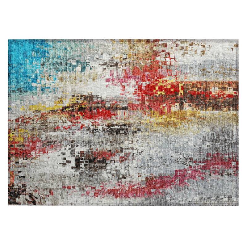 Machine Washable Indoor/ Outdoor Abstract Pixels Chantille Rug