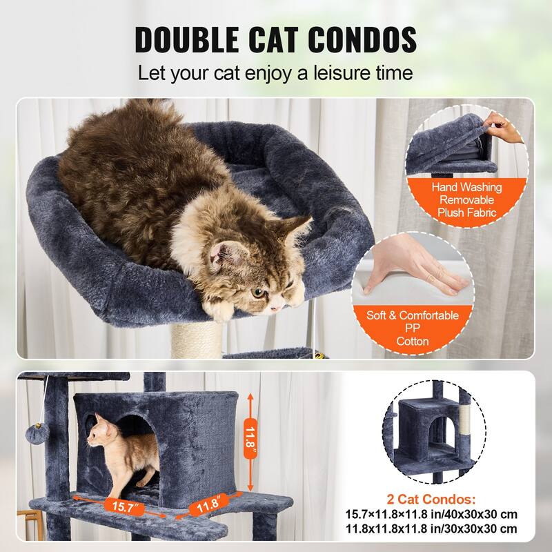 Dark Grey Plush 8-Layer Cat Tree with Condos, Hammock & Toys
