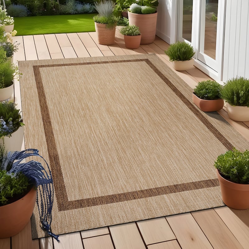 Beverly Rug Modern Bordered Indoor Outdoor Rug, Outside Carpet for Patio, Deck, Porch