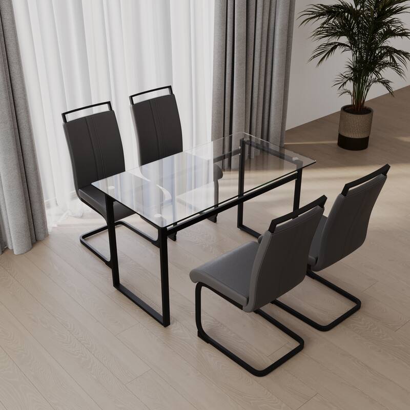 Glass 5-Piece Dining Table Set with 4 PU Upholstered Chairs