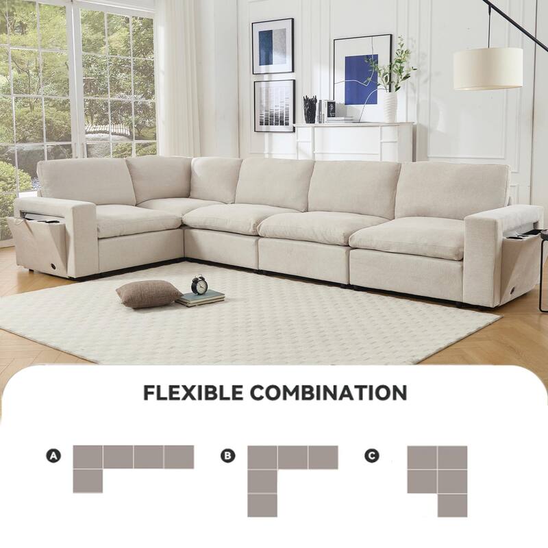 5-seat Modular Sectional Couch with Wireless Charging, Cup Holders & Book Storage, Beige Soft Linen Fabric