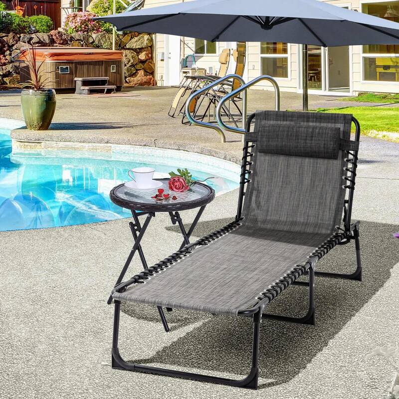 Reclining Chaise Lounge with Adjustable Back, Pillow for Patio Beach