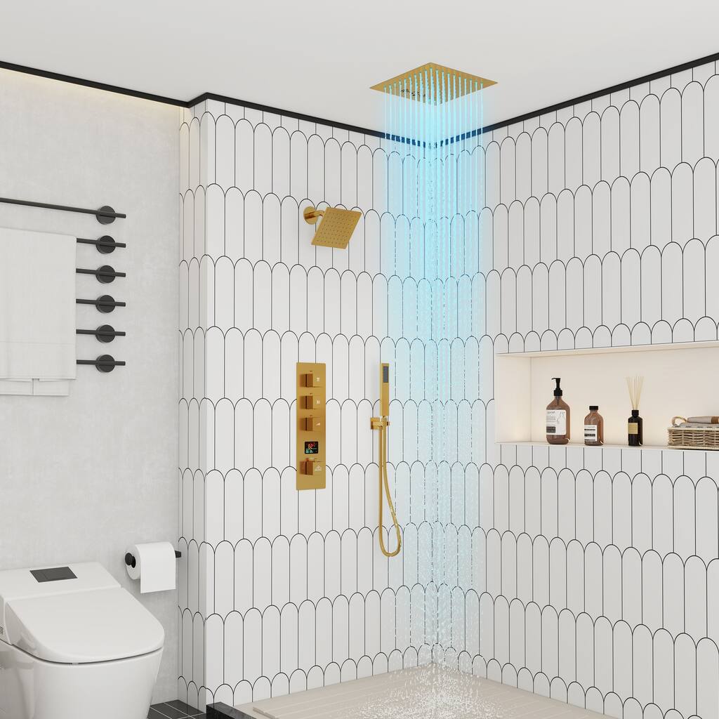 CASAINC Dual Heads 12 Inch Thermostatic Shower Head Shower System with 64 Color LED Light Bluetooth Control Music