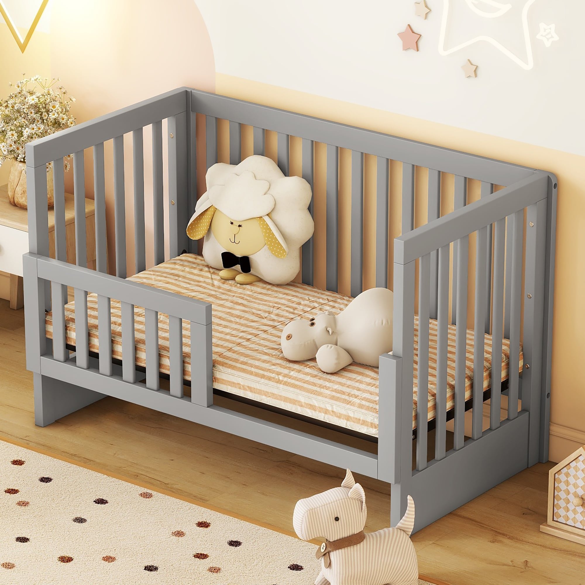 2 IN 1 Convertible Crib Full Size Bed with Changing Table