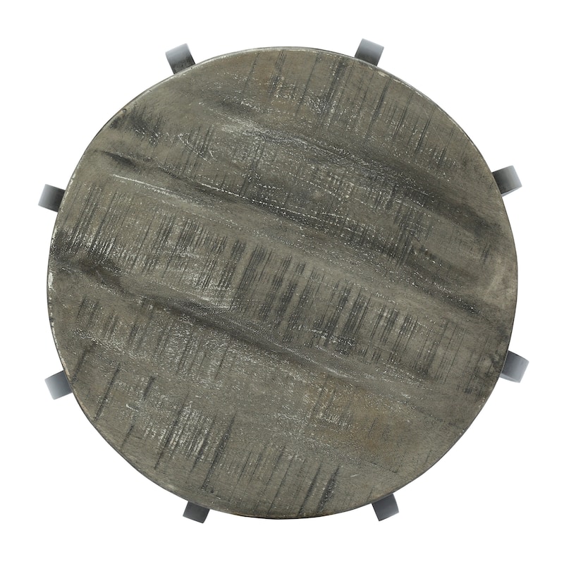 Side End Table, Gray Iron Frame, Round Brown Mango Wood Top, 21 Inch