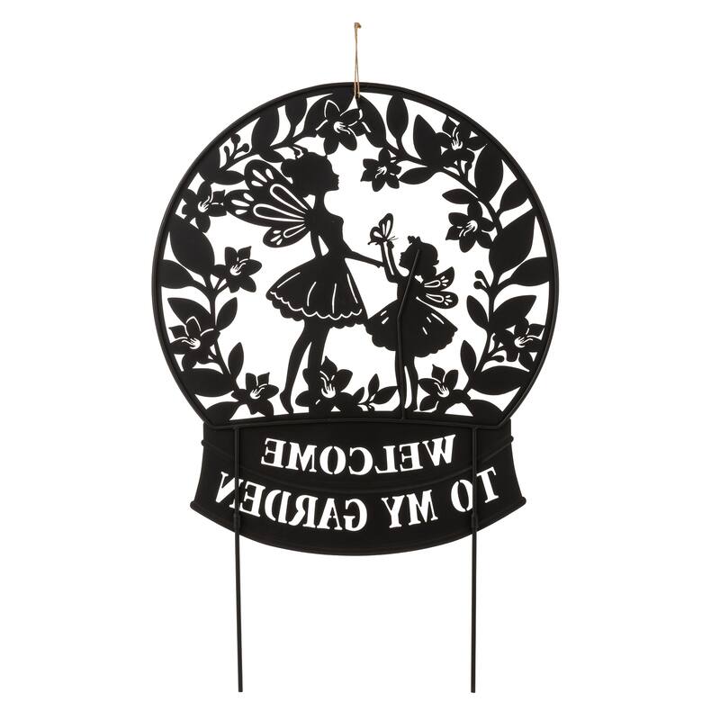 Glitzhome 30"H Multi-functional Metal Rabbit Flower Fairy Silhouette with Welcome Sign Garden Yardstake Wall Decor