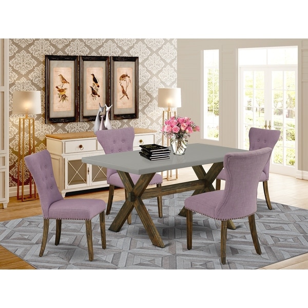 Dining Set Included Parson Chair and Rectangular Cement Table in Distressed Jacobean Finish. Opens flyout.