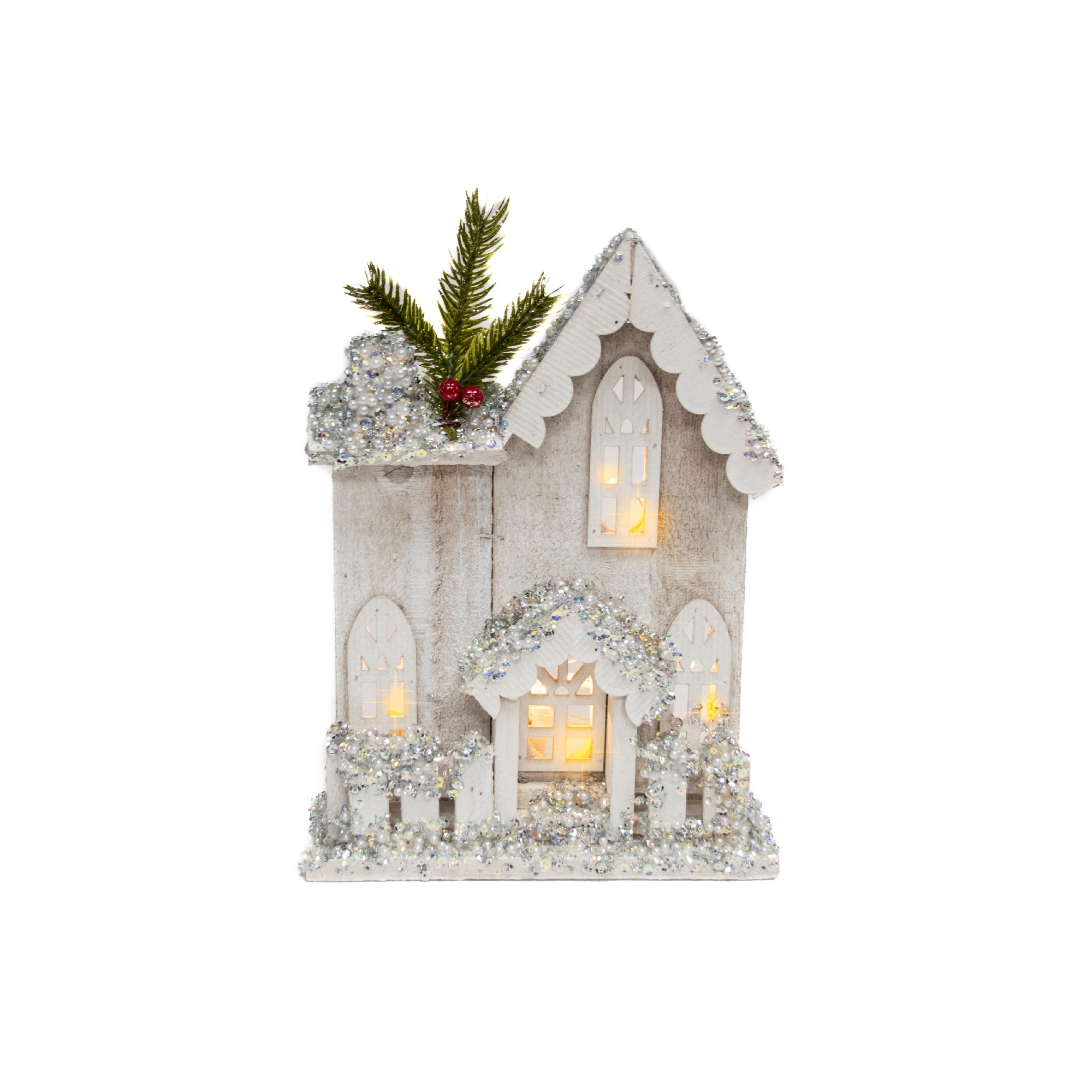 LED Snow Covered White Wooden House with Fence 10.6"