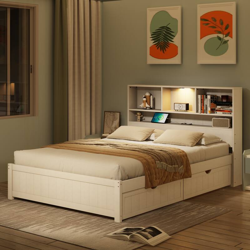 Wood Platform Bed Frame with Built-In Night Light/Charging Station/Open Bookcase Headboard/and 2 Side Drawers/Wood Slats Support - White - Full