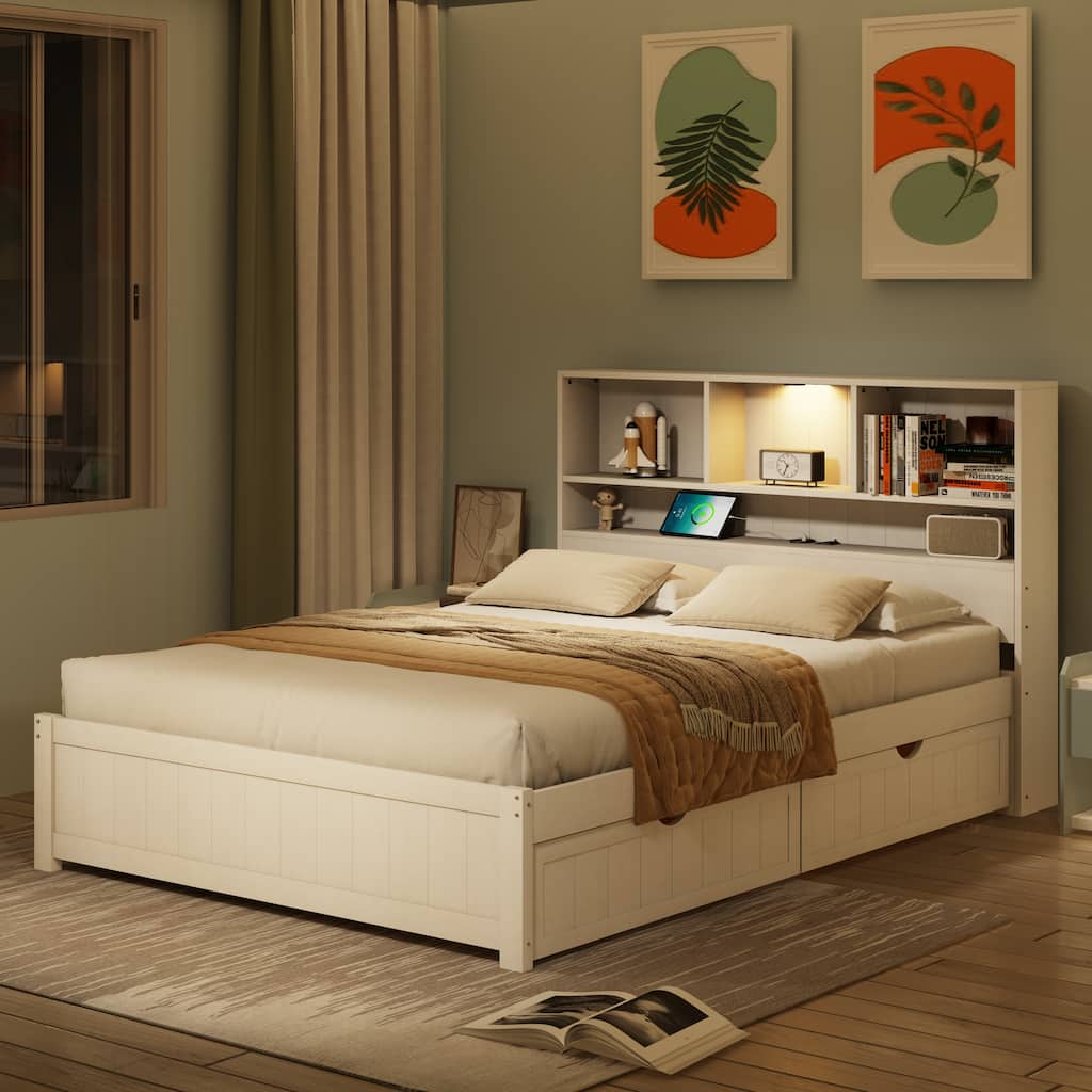 Wood Platform Bed Frame with Built-In Night Light/Charging Station/Open Bookcase Headboard/and 2 Side Drawers/Wood Slats Support