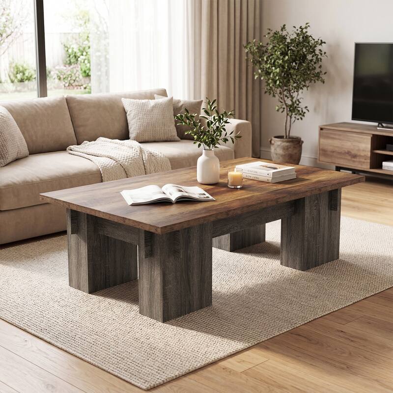 Rectangle Coffee Table, 55'' Farmhouse Center Cocktail Table with Thick Legs
