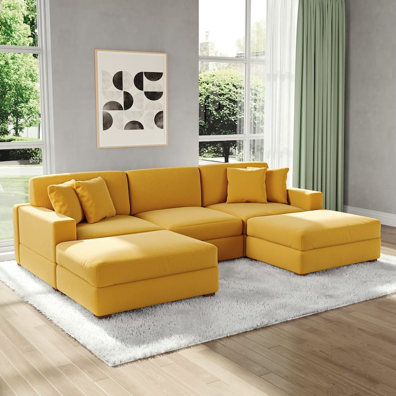 Modular Corduroy Sectional Sofa Set Chaise Couch with Ottoman