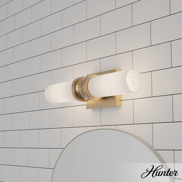 slide 2 of 9, Hunter Lenlock Vanity Wall Light - Art Deco, Damp Rated 16" - Alturas Gold-White Glass