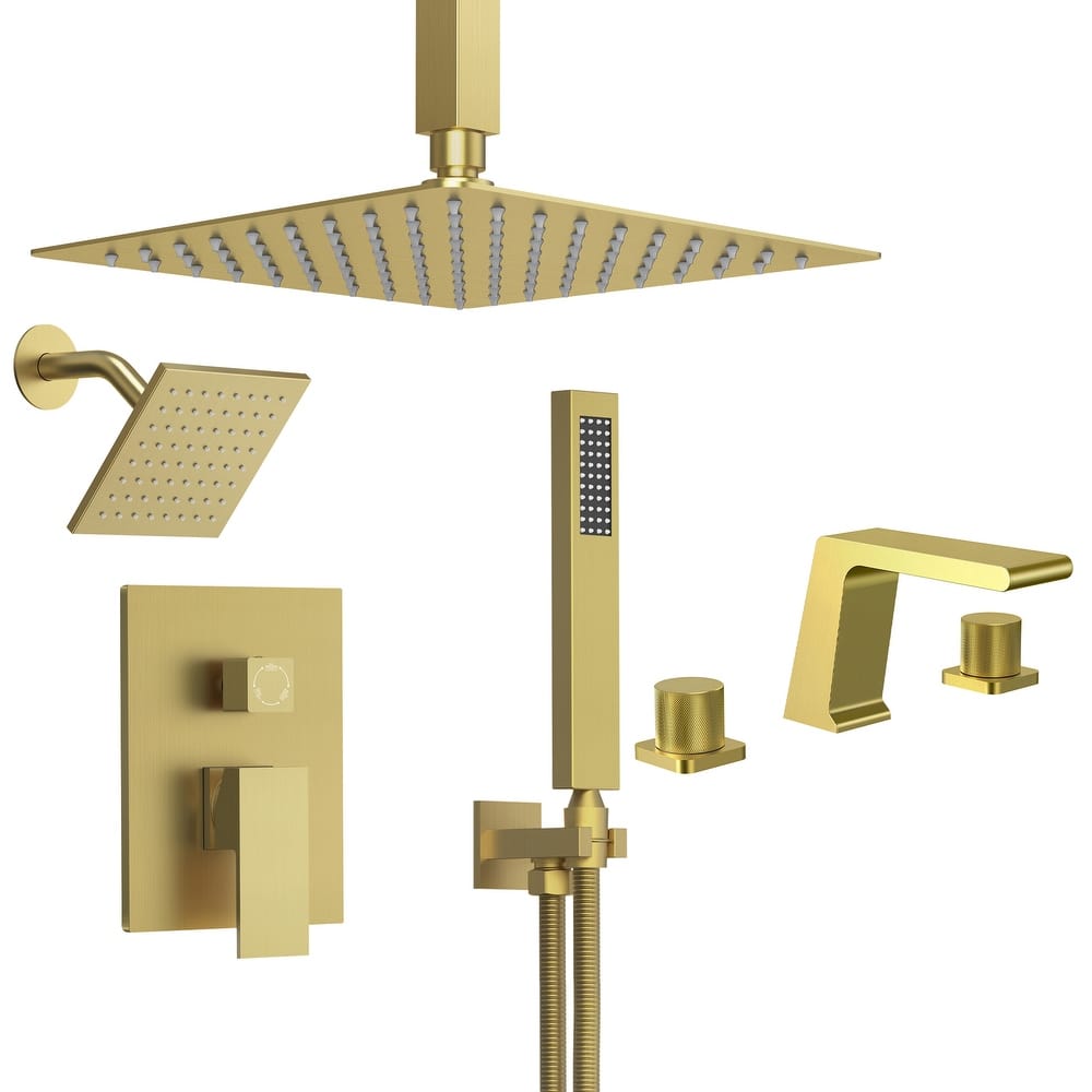 GRANDJOY 10" Dual Shower System with 2-Handle Waterfall Bathroom Sink Faucet Combo Set