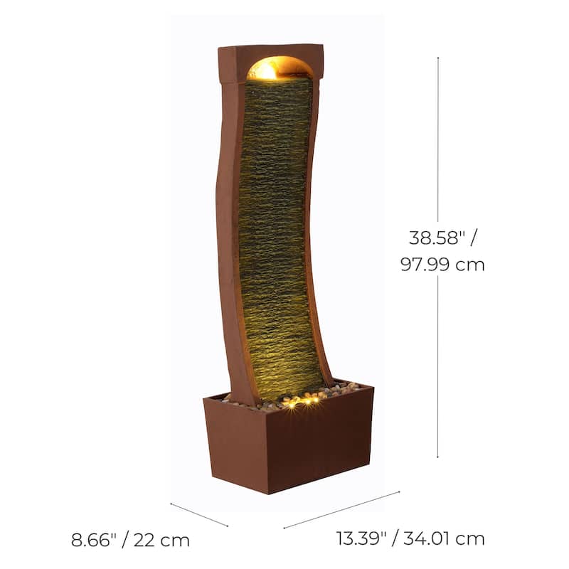 Teamson Home Modern Curved Faux Slate Waterfall Fountain with LED Lights - Indoor Outdoor Decor