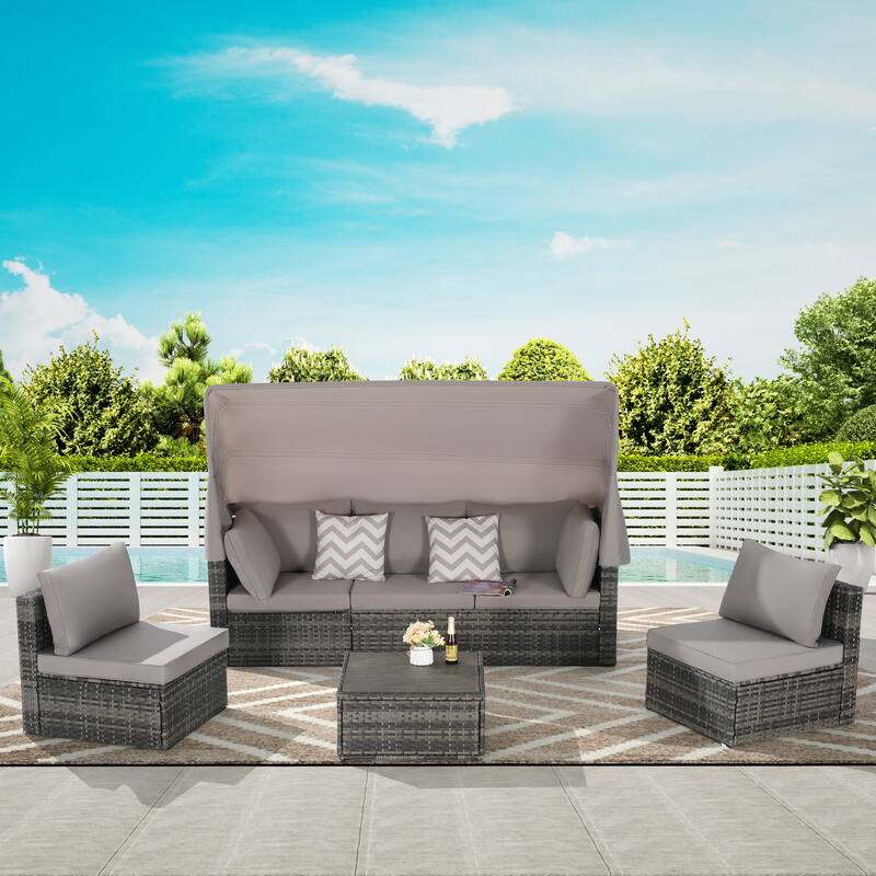 3-seat Sofa with Retractable Canopy, 2 Single Armless Chairs and Side Table - 5 Pieces Furniture Set Convertible Modular Daybed - Light Gray