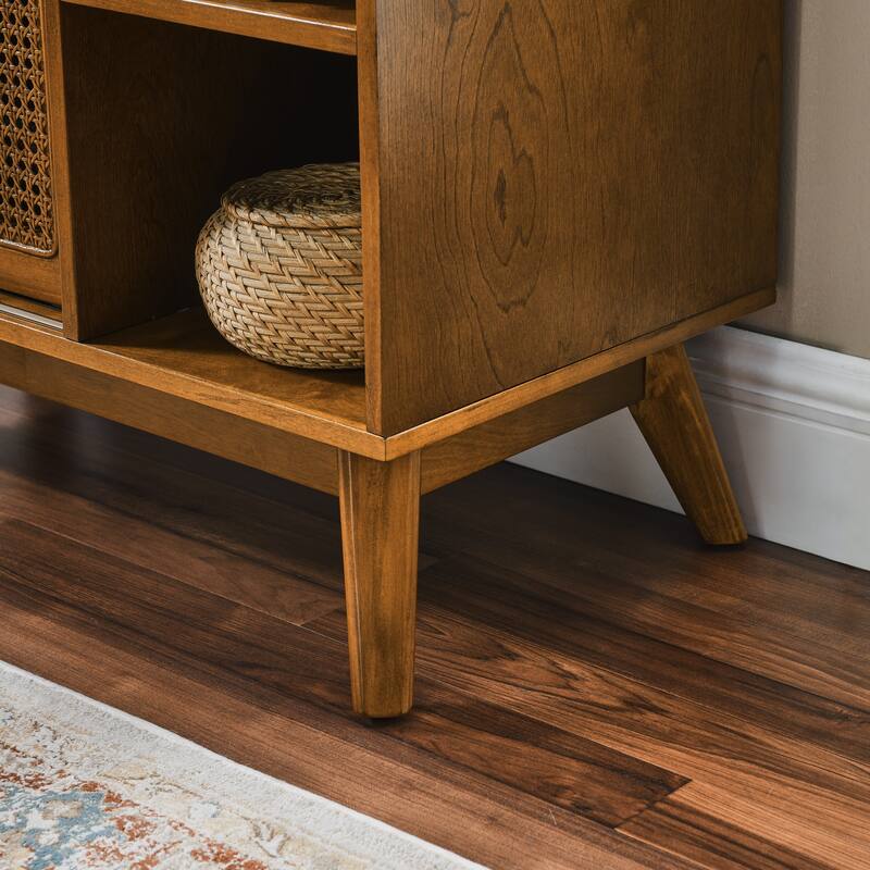 Mid-Century Rattan Sideboard with Adjustable Shelves & Solid Wood Legs (Light Wood)