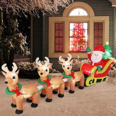 10Ft Long Blow Up Christmas Santa Claus Sleigh & Reindeer Outdoor Inlflatable Decorations - N/A