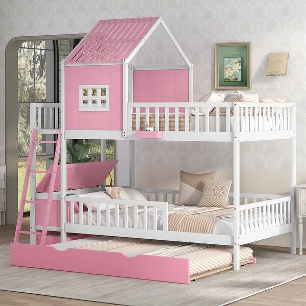 slide 2 of 9, Full over Full Bunk Bed with Twin Size Trundle,Farmhouse Bed with Drawer and Storage Box,Housebed Pink
