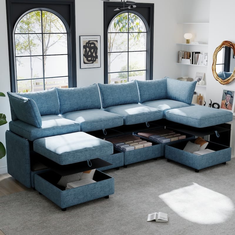 129" Chenille Sectional Sofa with Storage and Two Ottomans