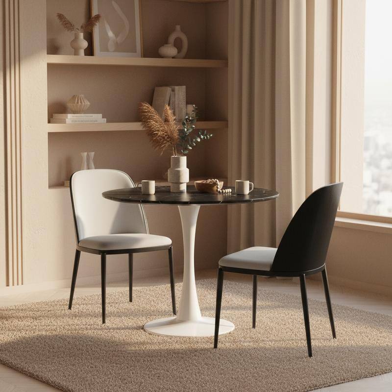Bristol Modern Round Dining Table with Stain Resistant Solid Wood Top and White Pedestal Base for Home, Cafes and Restaurant