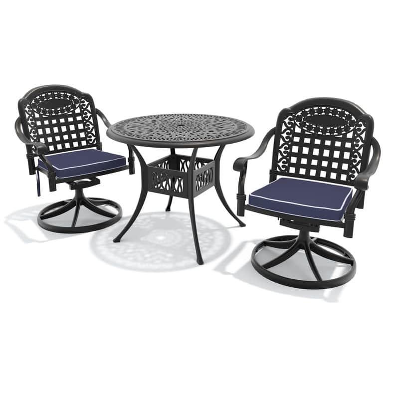 3-Piece Aluminum Round Outdoor Patio Dining Set, 2 Cushioned Swivel Chairs, Table, All-Weather Frames