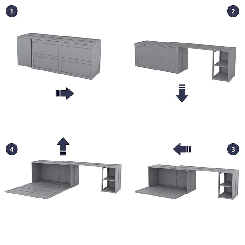 Grey Queen Murphy Bed in Pine Wood & MDF with Rotating Desk and Storage Shelves