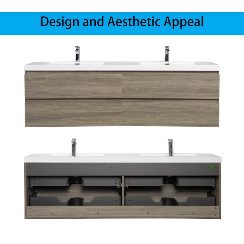 Wall 72" Floating Bathroom Vanity with Sink & and 4 Soft Close Drawers,White/Oak/Grey - 72 inch