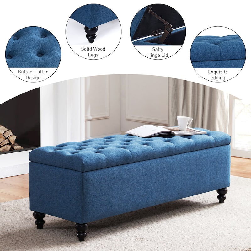 Button-Tufted Storage Bench Ottoman with Solid Wood Legs for Bedroom 50"W x 17.5"D x 18"H