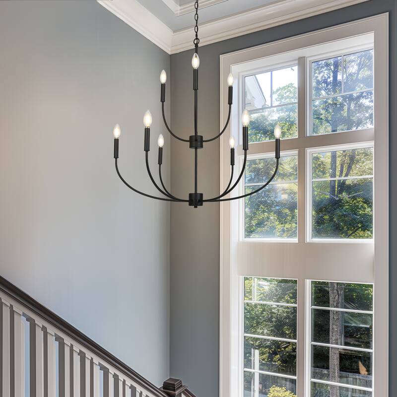 Oriea Modern Farmhouse 9-Light Black Chandelier Classic Candle Lights for Living Dining Room - D 32.3" x H 34"