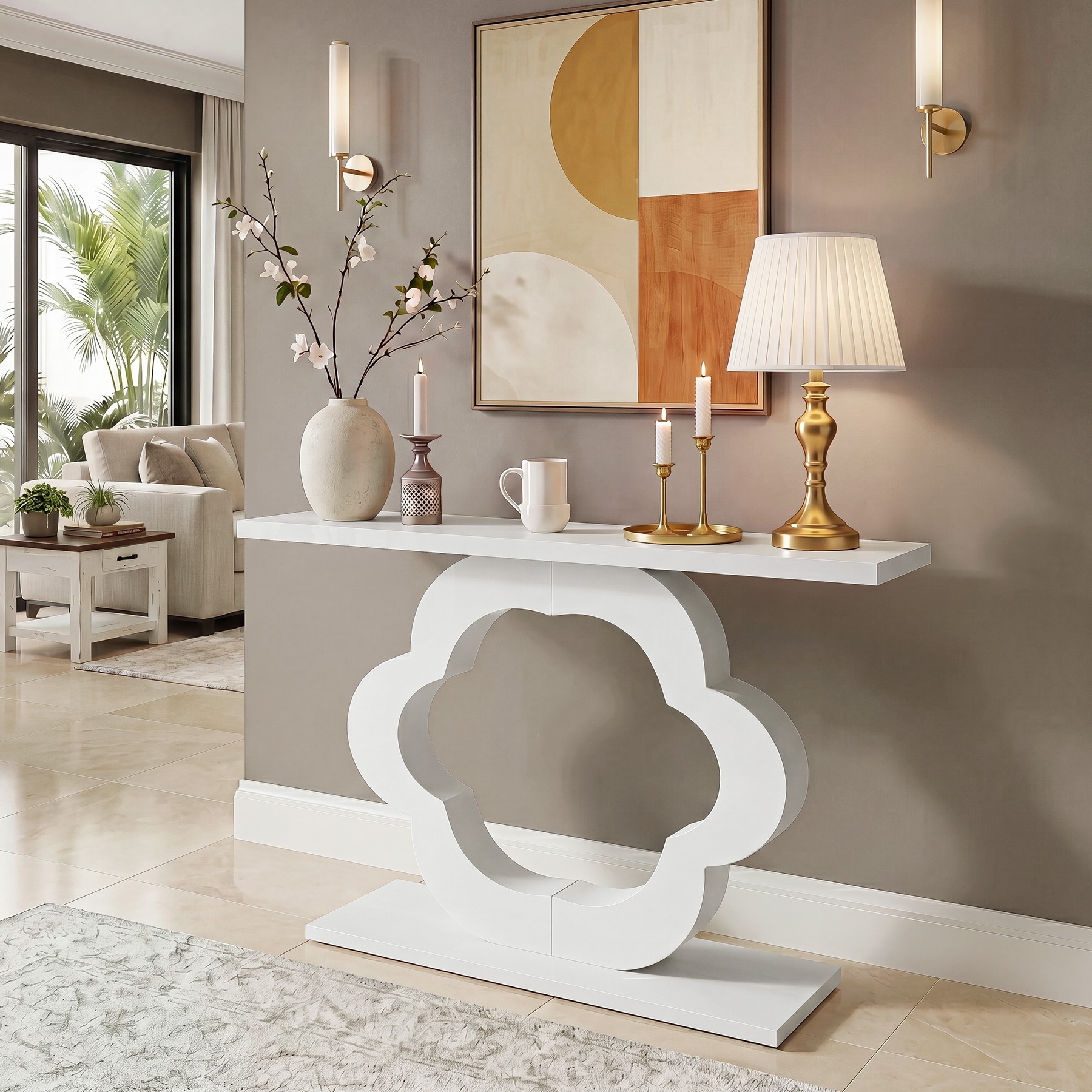 White Console Table with Modern Floral Frame, 39.37” Narrow Wooden Sofa Table Entryway Accent Table for Living Room
