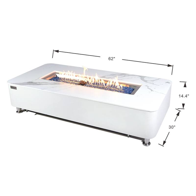 Elementi Plus Valencia Outdoor Fire Pit Table Concrete Rectangular 60000 BTU - 62 x 30 inches with Lid, Fire Glass, and Cover