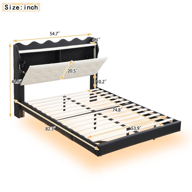 Full Size Upholstered Platform Bed with LED Lights, USB Ports, and Storage Headboard