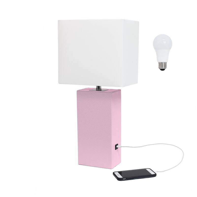 Modern Leather Table Lamp with USB and White Fabric Shade