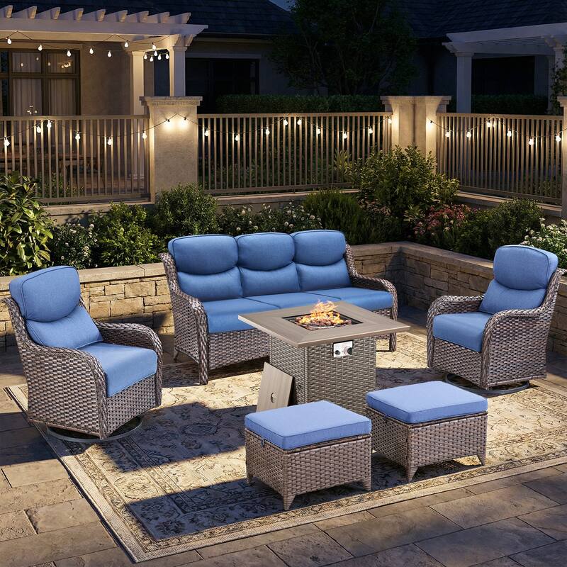 Pocassy Outdoor Propane Fire Table with Sofa Swivel Chair Ottoman Funiture Set. - Brown Wicker Blue Cushion - 6-Piece Sofa Swivel Chair Ottoman w/ Fie Table