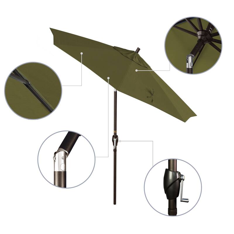 California Umbrella 7.5' Round Crank Lift Push Button Tilt Bronze Aluminum Patio Umbrella with Sunbrella Cilantro Fabric