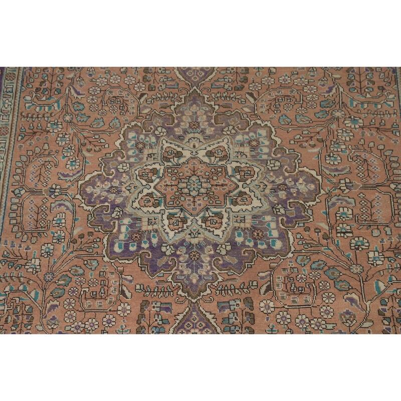 Floral Coral Tabriz Persian Vintage Area Rug Handmade Wool Carpet - 6'9"x 9'10"