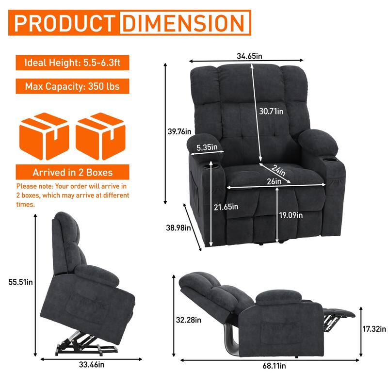 35" Wide Quiet Lift Velvet Recliner w/Massage and Heat