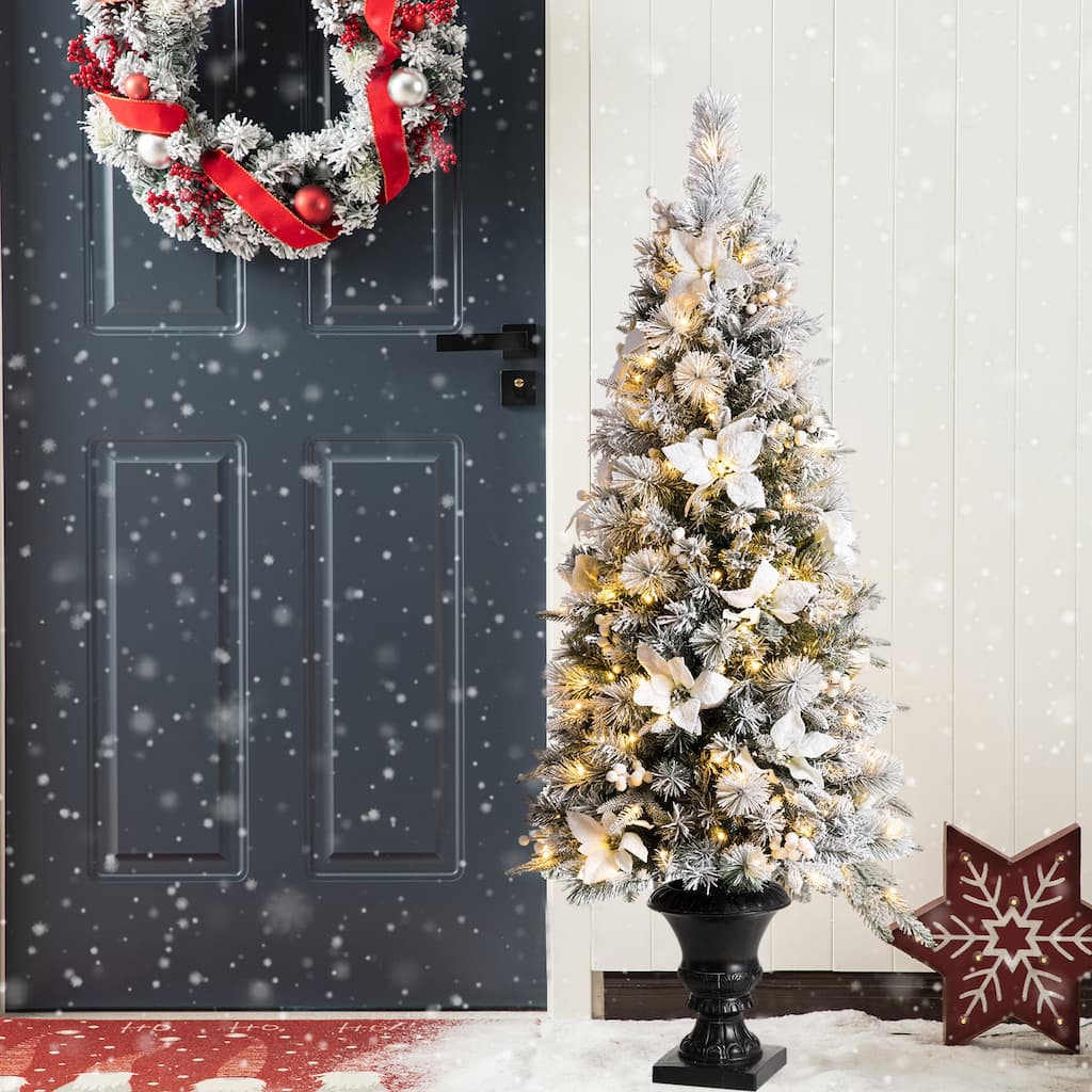 Glitzhome 4/5 Foot Pre-Lit Pine Artificial Potted Christmas Trees with Warm White Lights and Poinsettia Home Entrance Decoration