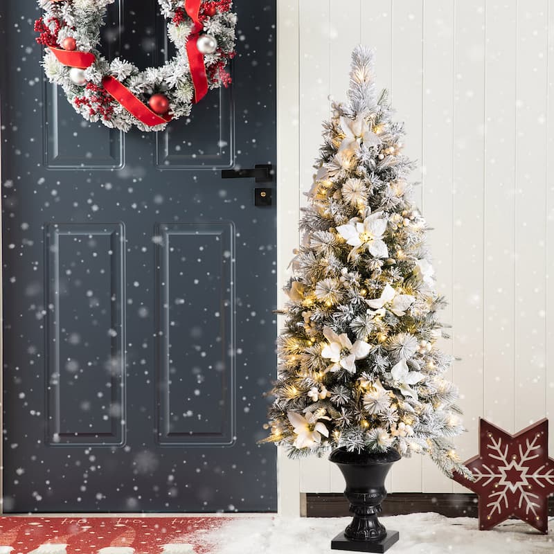 Glitzhome 4/5 Foot Pre-Lit Pine Artificial Potted Christmas Trees with Warm White Lights and Poinsettia Home Entrance Decoration