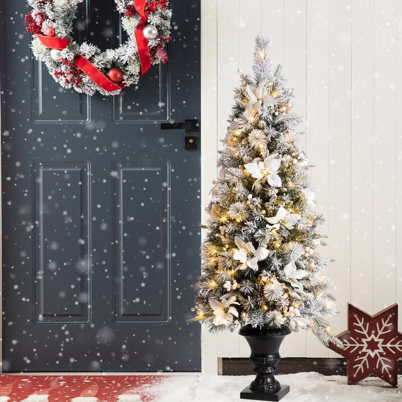 Glitzhome 4ft/5ft Pre-Lit Pine Artificial Christmas Potted Porch Trees with Warm White Lights and Poinsettia - 5ft White