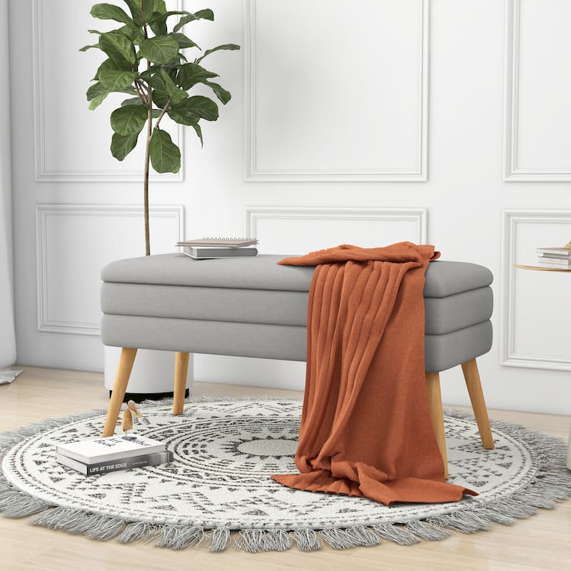 Upholstered Storage Ottoman Bench with Wood Legs - Grey