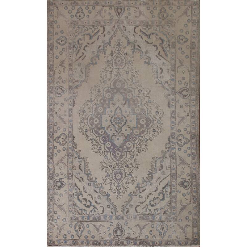 Vintage Distressed Muted Tabriz Persian Rug Handmade Wool Carpet - 6'6" x 9'7"