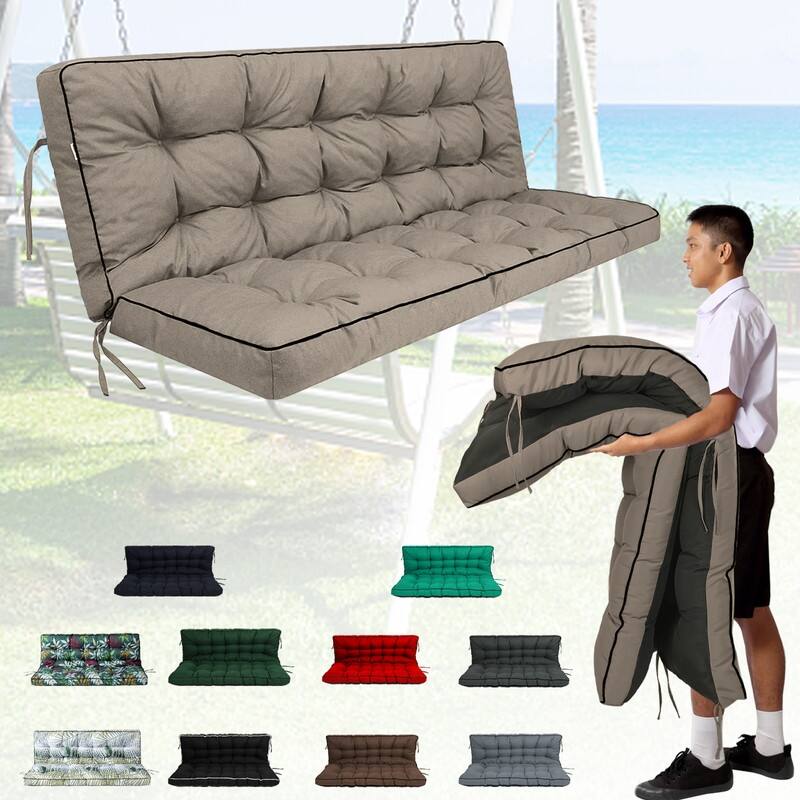Outdoor Swing Cushions 55 inch, Waterproof Porch Swing Cushions 3 Seater Replacement with Backrest, 4" Thicken Bench Cushion - Khaki - 55in