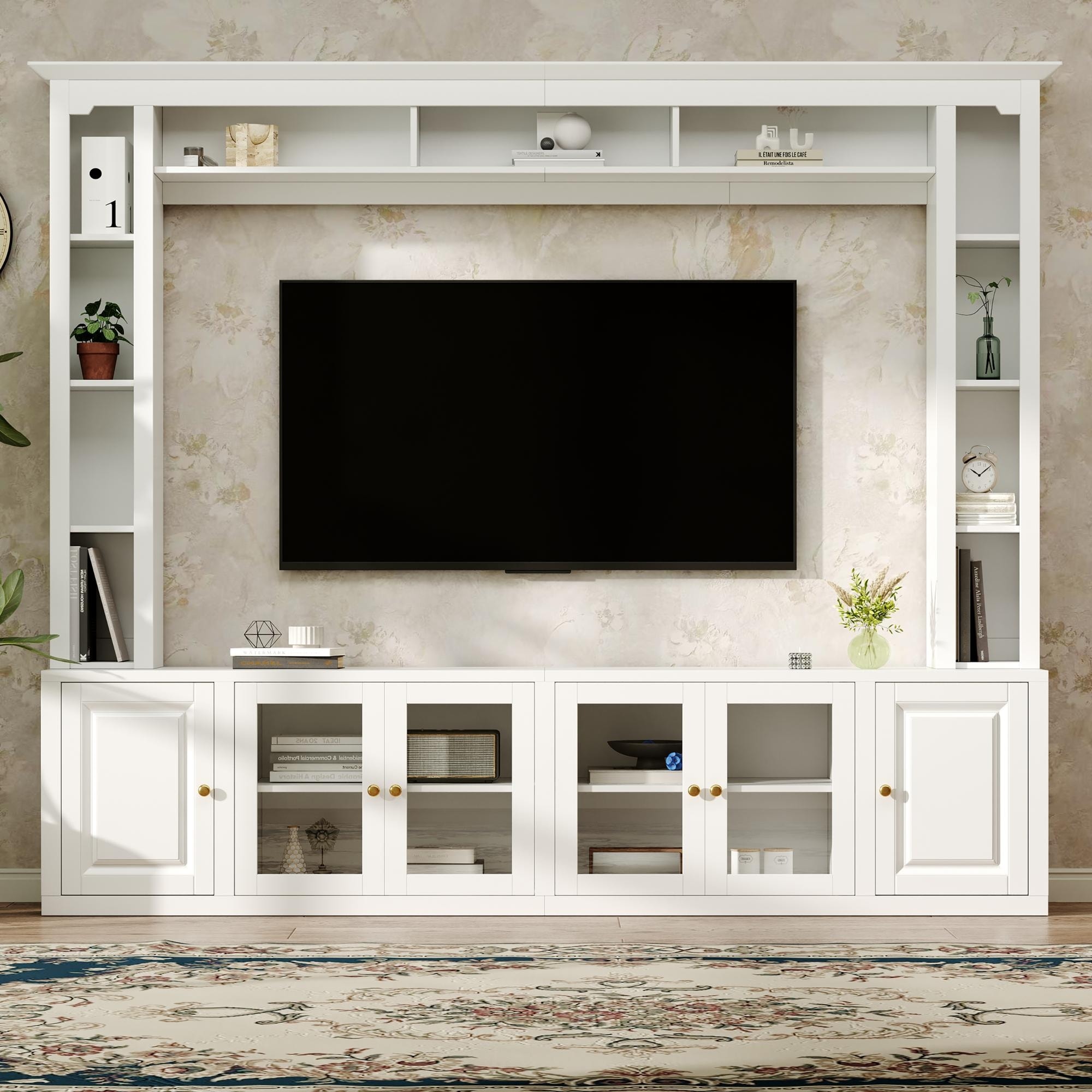 4 Piece Entertainment Center Wall Unit Bookshelves Tempered Glass Door Adjustable Shelves