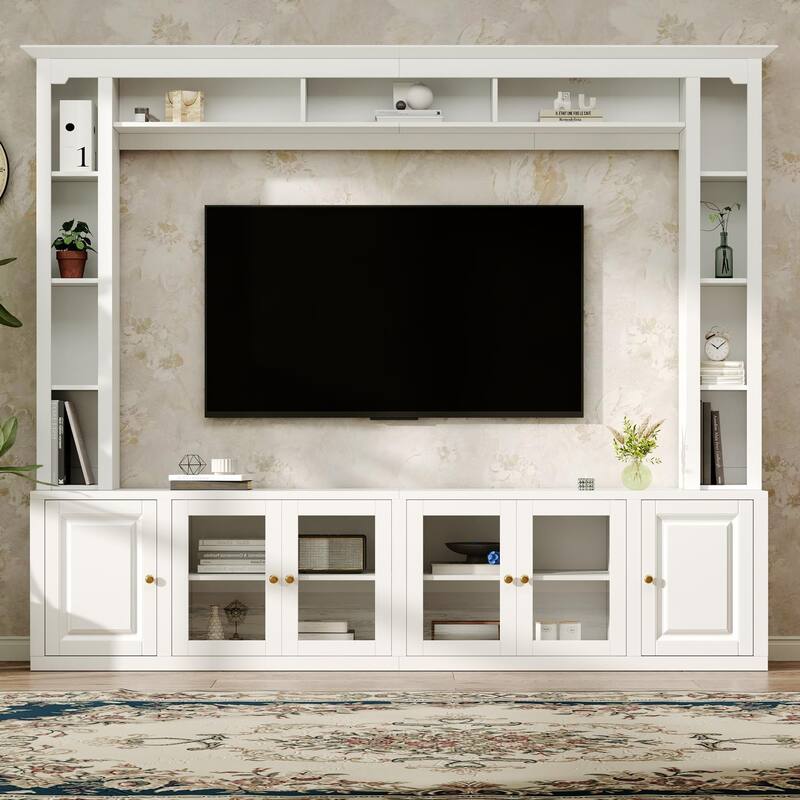 4-Piece Modern TV Stand, for 80/92-Inch TVs with Bookshelves and Adjustable Shelves, for Living Rooms, White