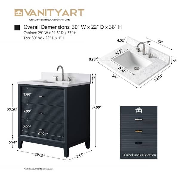 dimension image slide 3 of 5, Vanity Art 30" Freestanding Bathroom Vanity with Engineered Marble Top and Sink