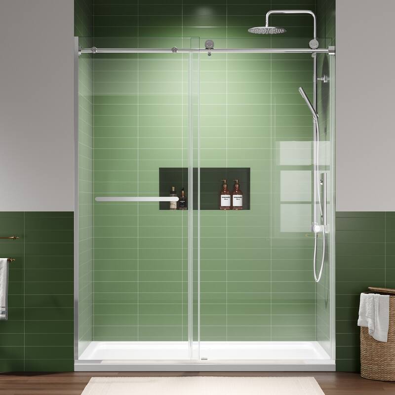 60" x 75" Sliding Shower Door with 8mm Tempered Glass, Half-Frame, Round Tube & Silent Rollers