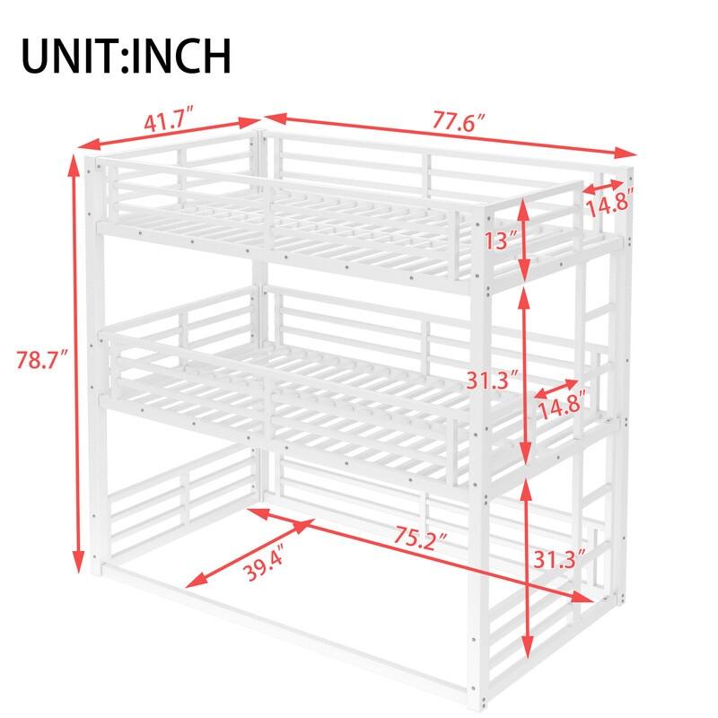 Twin over Twin over Twin Metal Triple Bunk Bed with Safety Guardrails
